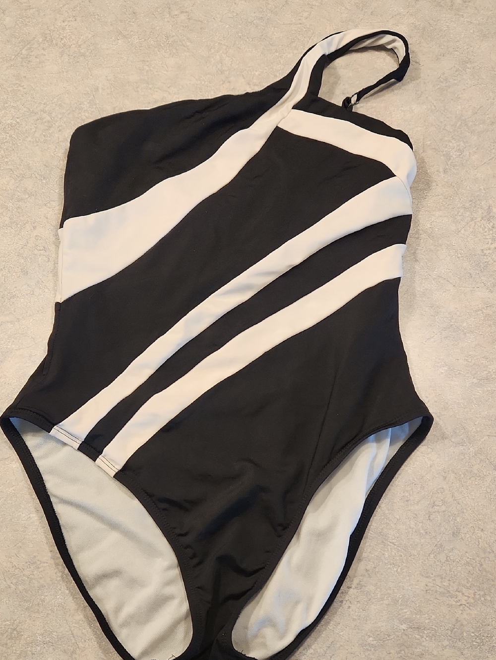 Kenneth Cole Black and White One-Shoulder Swim Bodysuit